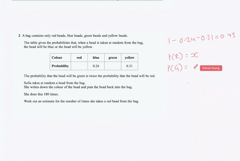 A real Greenhill Academics online lesson: a tutor working through an A Level maths probability question live on the shared board